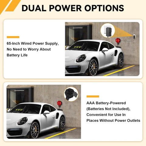 Adjustable Garage Parking Sensor With LED Display Black No Guesswork Parking Ultrasonic Distance Meter From 6 Inches To 6 Feet For Pinpoint Parking, Easy Setup With Adhesive Or Anchors, Great For Compact Cars, SUVs, And Trucks. Wall-mounted black garage parking sensor with LED display and wired power supply