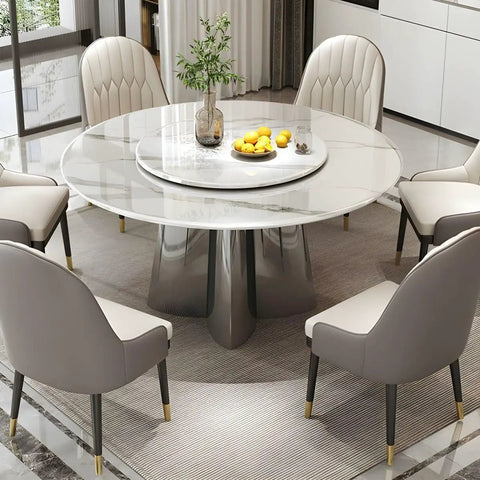 Top Shelf Faux Marble Round Dining Table With Effortless Spin Lazy Susan Turntable Solid Black Metal Pedestal Base For Modern Kitchen Gatherings Accommodates Four Guests Without Extra Chairs, with elegant chairs and centerpiece.