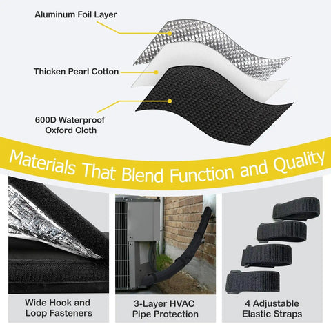 Weatherproof Outdoor Pipe Insulation Cover For 72in By 10.2in HVAC Line Set Protector, showcasing heavy-duty fabric and straps.
