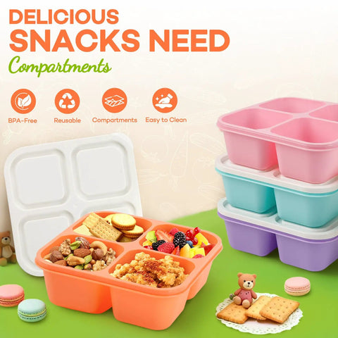 Four Compartment Bento Lunch Box Pack For Meal Prep, Stackable Reusable Containers, BPA Free Wheat Straw Lunch Boxes displayed