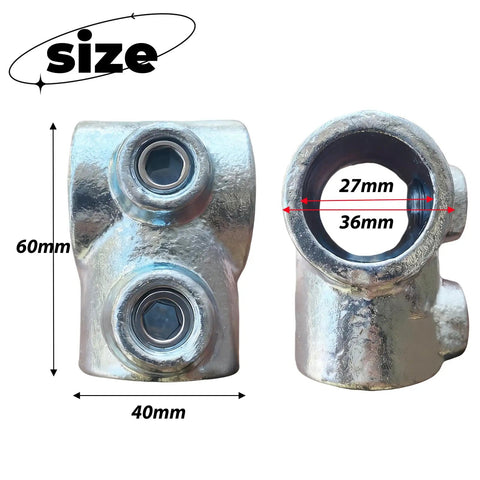 Front and side view of three quarter inch galvanized pipe fittings single socket tee 90-degree connector with measurements.