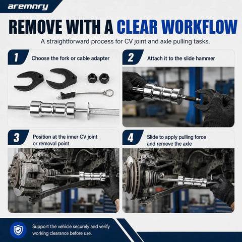 Professional 10 Lb Slide Hammer Inner CV Joint Puller Kit for FWD and AWD Axle Removal Tool shown in use with steps listed.