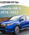 8-piece glossy black exterior pillar post molding kit for Honda HR-V (2016-2022) shown on blue HR-V
