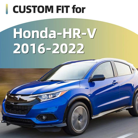 8-piece glossy black exterior pillar post molding kit for Honda HR-V (2016-2022) shown on blue HR-V