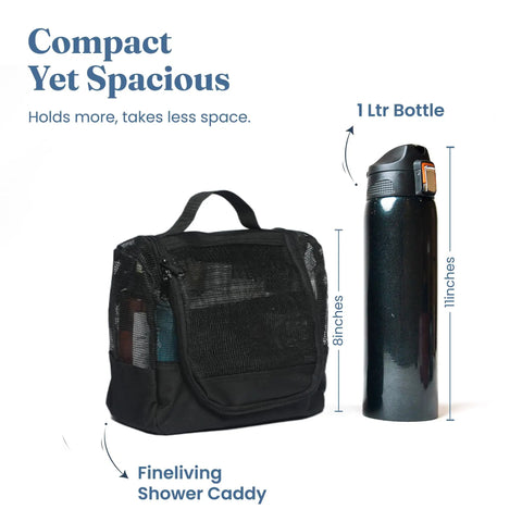 On The Go Shower Caddy Bag For Travel And Gym Quick Dry Mesh Hanging Toiletry Organizer with 8-inch black bottle