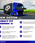 Blue truck on highway promoting OEM design and direct fit features of PartsW suspension kit.