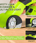Rechargeable Cordless Electric Scissors With Sharp High Carbon Steel Blades And A Bright LED Light showing safety lock and LED light on a cutting surface.