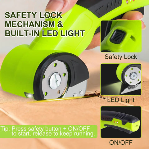 Rechargeable Cordless Electric Scissors With Sharp High Carbon Steel Blades And A Bright LED Light showing safety lock and LED light on a cutting surface.