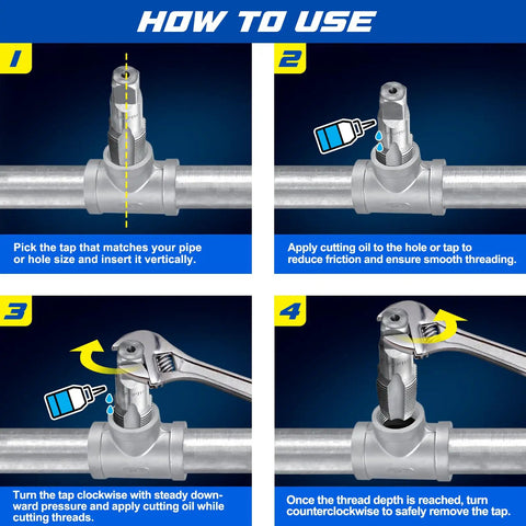 Step-by-step guide on using Pro Grade NPT Pipe Tap Set 6 Piece Kit With Sizes 1 Inch, Three Quarter Inch, One Half Inch, Three Eighths Inch, One Quarter Inch, One Eighth Inch Alloy Steel Pipe Thread Cutting Tool With Four Straight Flute Design And Handy Storage Case