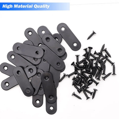 Heavy Duty Black Straight Flat Brackets For Wood And Metal, 86 Piece Stainless Steel Mending Plates With Screws, assorted black flat brackets and screws.