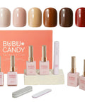 Six 15ml Gel Nail Polish Set With UV LED Kit Includes One LED Light And Two Nail Strips, Nude Texture Collection, displayed with bottles and LED light