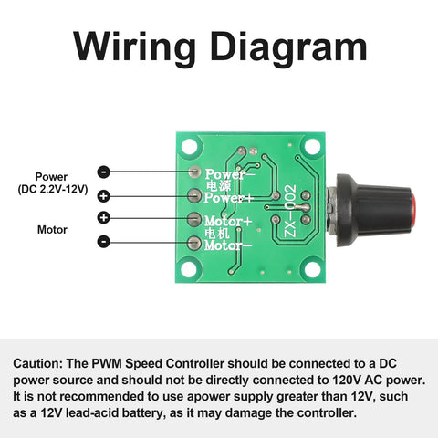 Wiring diagram for 2 Pack Pwm Speed Controller For Low Voltage Dc Motors With Adjustable Driver Switch And Knob 1.8V To 12V Settings 2A 30W
