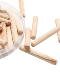 Premium Hardwood Birch Dowel Pins 120 Pieces One Quarter X Two Inch Fluted Joinery Rods Smooth Finish in clear container.
