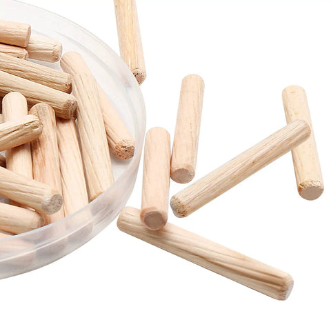 Premium Hardwood Birch Dowel Pins 120 Pieces One Quarter X Two Inch Fluted Joinery Rods Smooth Finish in clear container.