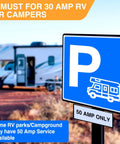 Heavy Duty 50 To 30 Amp Rv Power Adapter Cord 18 Inch Dogbone Converter Plug near RV parking sign for 50 Amp service.