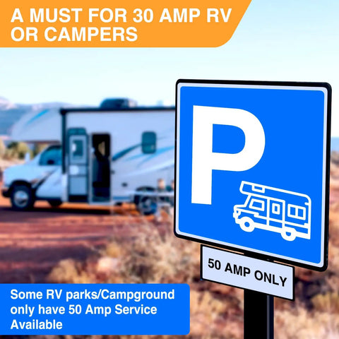 Heavy Duty 50 To 30 Amp Rv Power Adapter Cord 18 Inch Dogbone Converter Plug near RV parking sign for 50 Amp service.