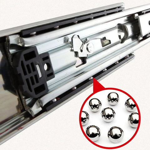 Close-up view of Bulletproof Heavy Duty Steel Drawer Slides And Three Section Fully Extended Rails With Secure Lock, showing ball bearings.