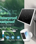 2 Pack 8W Solar Panel Charger For Outdoor Cameras Waterproof with wall-mounted panel and security camera in rainy conditions