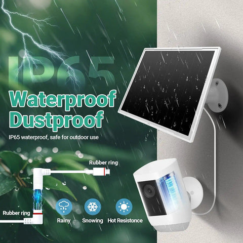 2 Pack 8W Solar Panel Charger For Outdoor Cameras Waterproof with wall-mounted panel and security camera in rainy conditions