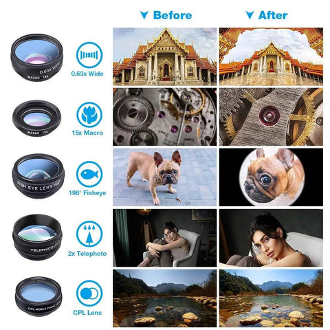 Before and after images showing effects of 10 In 1 Smartphone Lens Kit With Macro Wide Fisheye Telephoto Kaleidoscope CPL Radial Star Filters