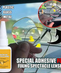Go To Eyewear Adhesive For Quick Bonding 20Ml Frame Repair Glue bottle held near cracked spectacles, suitable for metal, glass, plastic.