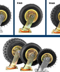 Rolls Like Butter 10 Inch Pneumatic Caster Wheels With Soft Rubber Tires Over Steel Cores and Precise Ball Bearings shown with 6, 8, 10 inch wheels.