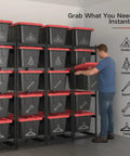 Space-Saving 27 Gallon Tote Bin Rack Organizer, Heavy Duty 5 Tier Storage Shelves, 250 Lb Capacity, Adjustable Rail Spacing From 18 To 20 Inches, Universal Fit For All 27-Gallon Totes, Great For Garage Warehouse Utility, 2 Pack with totes and man