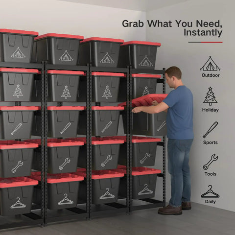 Space-Saving 27 Gallon Tote Bin Rack Organizer, Heavy Duty 5 Tier Storage Shelves, 250 Lb Capacity, Adjustable Rail Spacing From 18 To 20 Inches, Universal Fit For All 27-Gallon Totes, Great For Garage Warehouse Utility, 2 Pack with totes and man