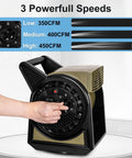 Person adjusting Beast High Velocity 450 CFM Fan with 3 speed settings, featuring 120V air mover and 120 degree oscillation for job site use.