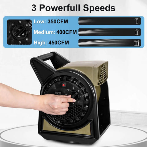 Person adjusting Beast High Velocity 450 CFM Fan with 3 speed settings, featuring 120V air mover and 120 degree oscillation for job site use.