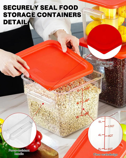 Clear 4 Quart Food Storage Container Set With Red Lids, 4 Pack Square Containers BPA Free Hot And Cold Resistant showing lid use.