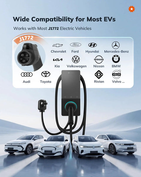 Hella Fast Level 2 Ev Charger For Home Driveways With J1772 Connector And Nema 14 50 Plug UL Certified 240 Volt setup shown with compatible EV brands.