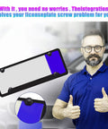 Lock Down Rustproof License Plate Screws Kit With Heavy Duty Anti Vibration Bolts and Theft Proof Covers shown with blue license plate frame.