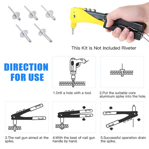 Five Sizes 240 Pieces Large Flange Aluminum Blind Rivets Set Diameter Three Sixteenths Inch With Lengths Three Eighths Inch One Half Inch with tool