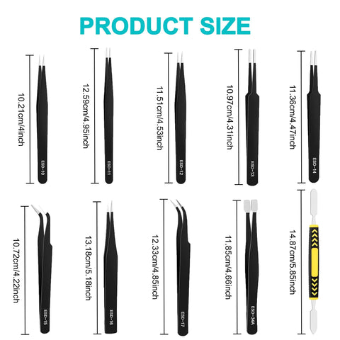 Product size of All In One 10 Piece Pro Grade Precision Tweezers Set With Pry Tool, ESD Safe Stainless Steel Kit