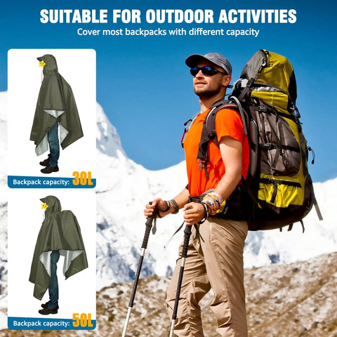 Hooded Rain Poncho For Adults Waterproof Lightweight All Weather Rain Jacket Alternative For Men And Women Army Green One Size suitable for hiking