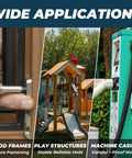 Image showcasing applications of Pro Shop Grade Heavy Duty Black Pan Head Self Tapping Screws in wood frames, play structures, and machine casings.