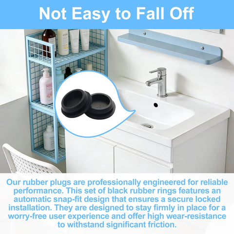 Close-up of two black silicone plugs from the 125 Piece Silicone Rubber Hole Plugs Kit in a bathroom context, highlighting snap-fit design.