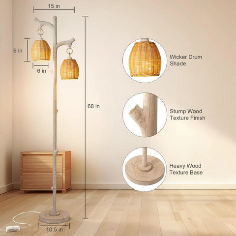 68 Inch Farmhouse Floor Lamp With Tree Trunk Faux Wood Column And White Washed Wicker Drum Shade, room setting, detailed view