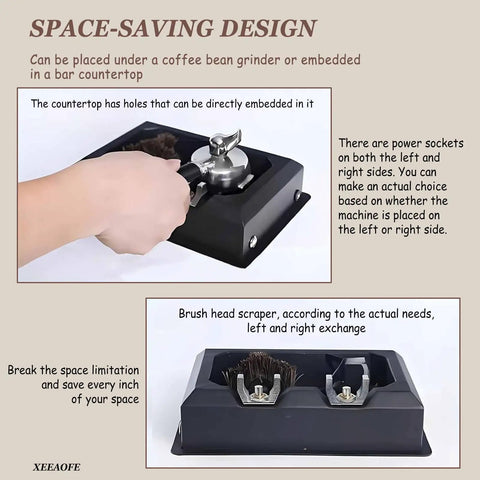 Electric Portafilter Cleaning System With Built In Knock Box 58 Mm Espresso Maker Accessory 300 Rpm Automatic Chamber design layout with hand holding portafilter.