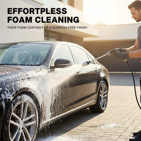 Heavy Duty High Pressure Washer Gun With Adjustable Jet Nozzle And 360 Degree Rotating Head Metal Wand Three Spray Modes And Foam Sprayer For Car Wash Patio Driveway And Lawn Cleaning in use on black car