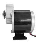 Side view of 24V 350W Geared Electric Motor MY1016Z3 With 9 Tooth Sprocket For E Scooter, showing durable build and wires.