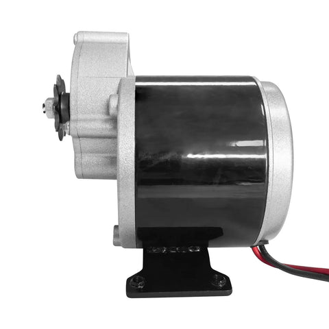 Side view of 24V 350W Geared Electric Motor MY1016Z3 With 9 Tooth Sprocket For E Scooter, showing durable build and wires.