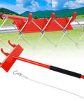 One Man Chain Link Fence Top Rail Fabric Hanging Tool Heavy Duty Stretcher with steel cable hook on a green field