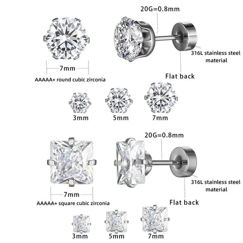 Snag These Fresh Flat Back Earrings Made From Light As Air Titanium Surgical Steel With Diamond Like Cubic Zirconia In Classic Round And Square Styles White Gold Plated Hypoallergenic Multiple Piercing Stud Set Truly Built For All Day Vibes, showcasing 3-7mm cubic zirconia studs.