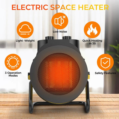 Indoor Space Heater 1500W PTC Ceramic With 90 Degree Adjustable Angle Rapid Safe Heating Quiet Portable Heater For Home Office Compact Desk Heater Yellow displaying front view with glowing mesh