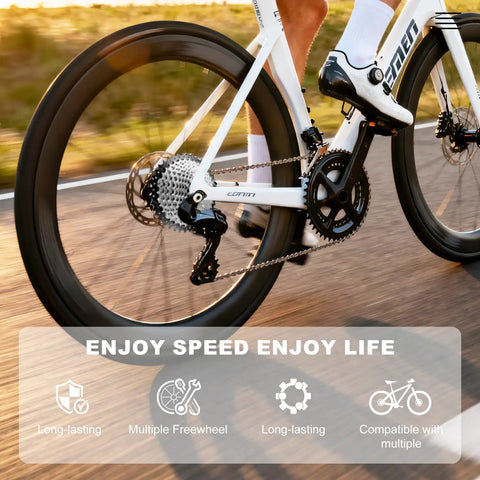 Cyclist riding with 11 Speed Cassette 11-46T Bicycle Sprocket For Road Mountain And Commuter Bikes With Wide Gear Range And Snappy Shifts