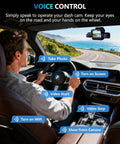 Driver using voice control with 4K 360 Degree Dash Cam With Interior Driver Monitor 4 Channel Car Camera on scenic road.