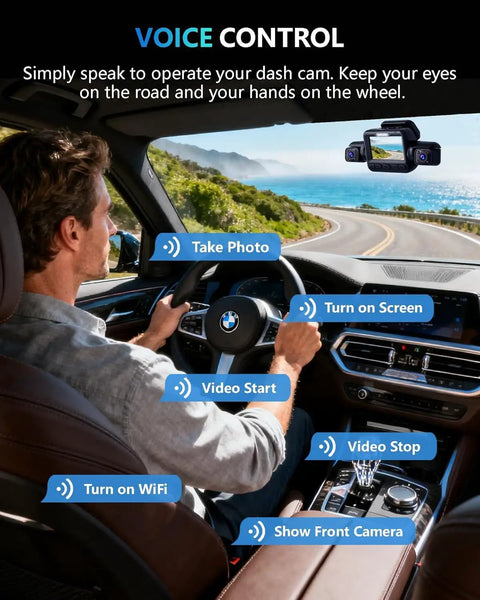 Driver using voice control with 4K 360 Degree Dash Cam With Interior Driver Monitor 4 Channel Car Camera on scenic road.