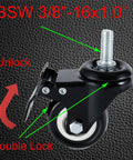 Close-up of a swivel stem caster with 3/8-16 thread and nut, 1.5-inch non-marking polyurethane wheel, dual lock.